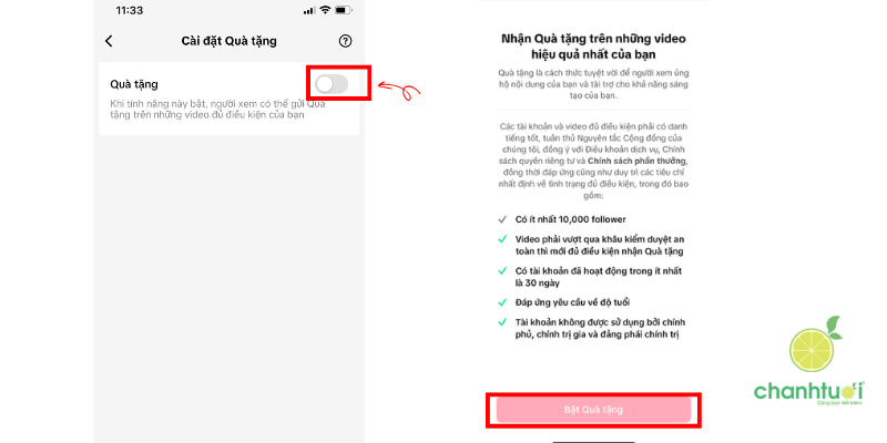 cách bật Tặng quà trên TikTok