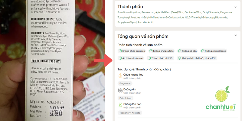 son dưỡng fixderma lip balm thành phần