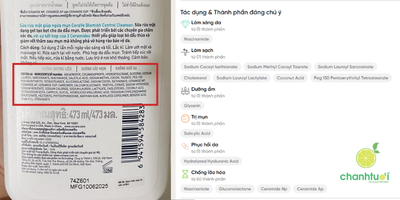 Sữa rửa mặt CeraVe Blemish Control Cleanser thành phần