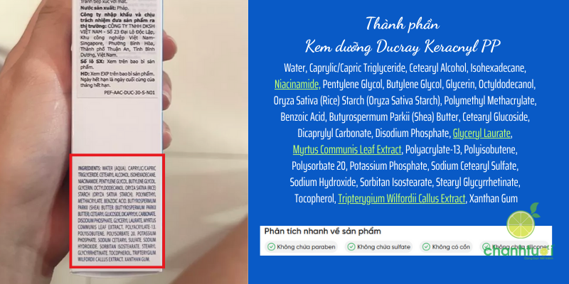 thành phần kem dưỡng ẩm Ducray Keracnyl PP