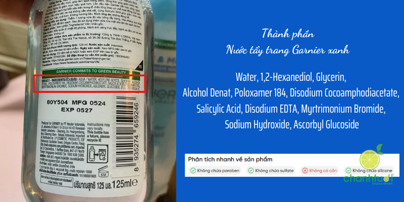 thành phần nước tẩy trang Garnier cho da dầu mụn