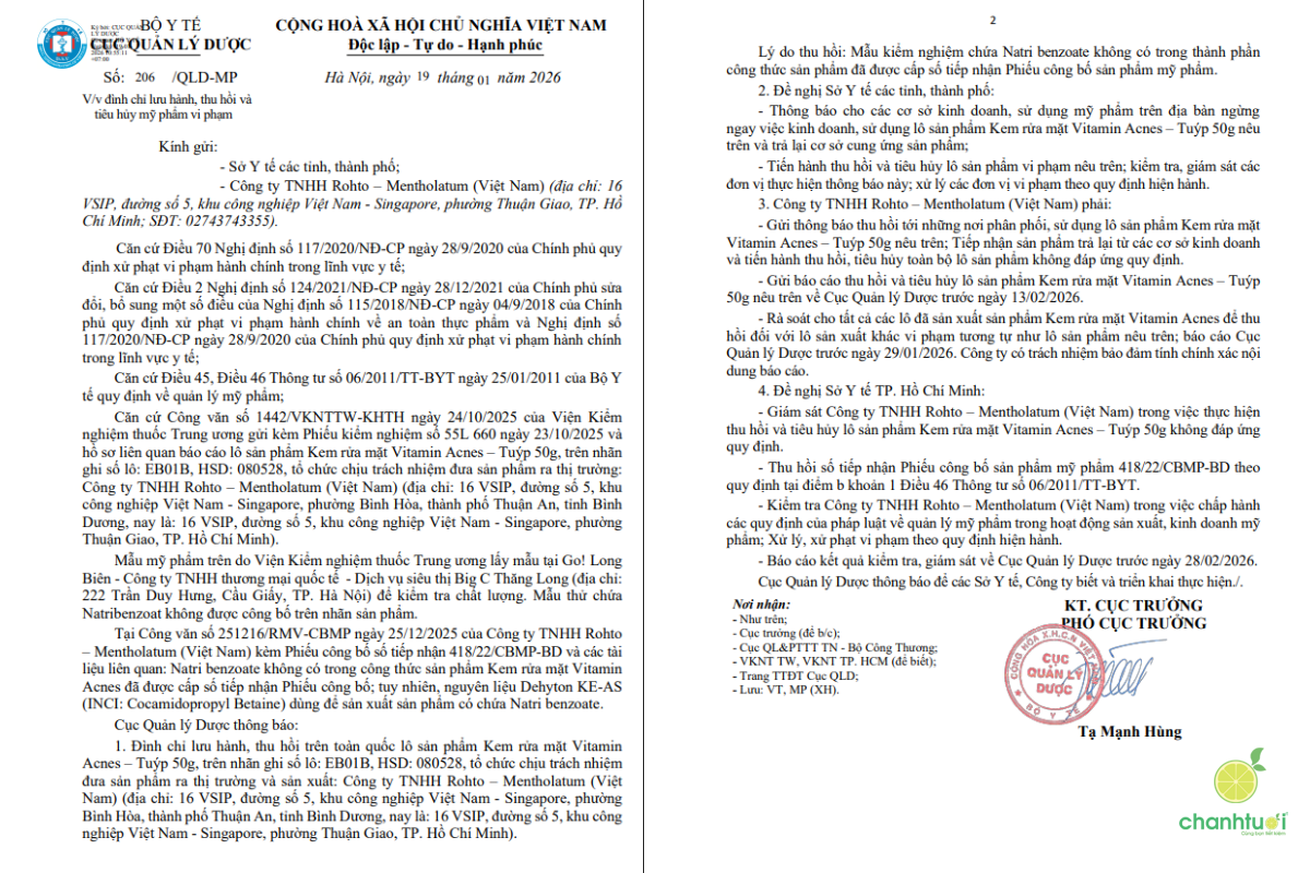 thu hồi sản phẩm Acnes, Kleen 1