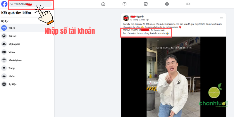 Tra cứu số tài khoản ngân hàng Techcombank của người khác qua facebook