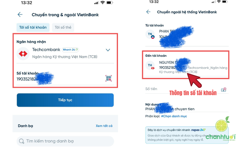 Tra cứu số tài khoản ngân hàng Techcombank của người khác qua mobile banking