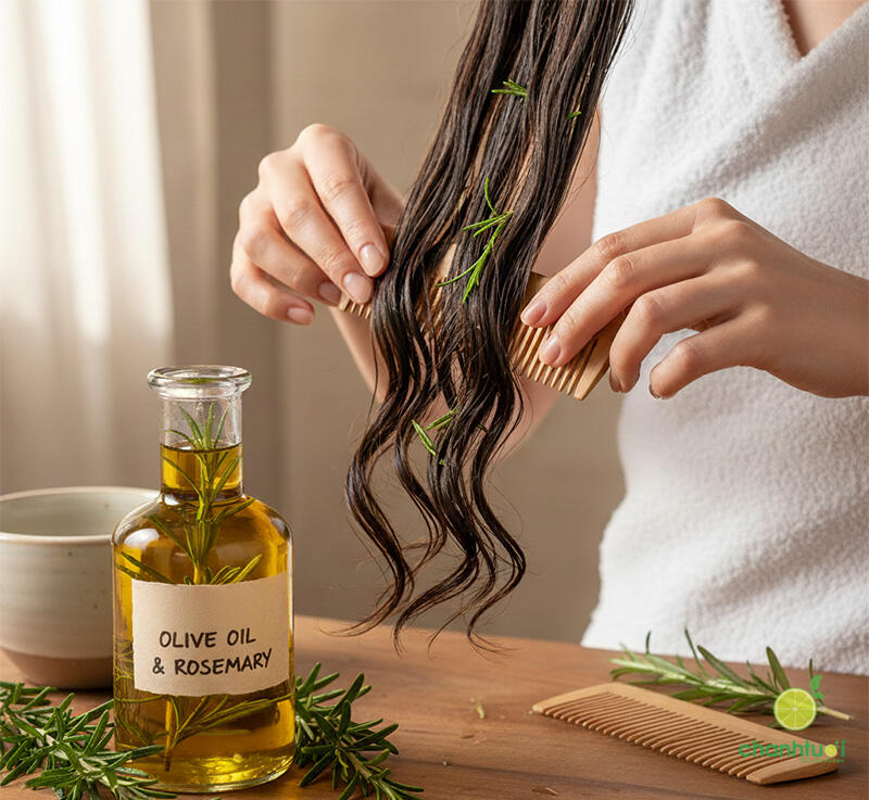 ủ tóc với dầu oliu và cây hương thảo cách 3