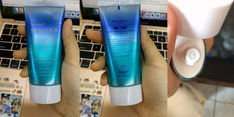 Sunplay Skin Aqua Tone Up UV Essence Blue thiết kế