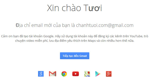 Thông báo kết quả tạo mới gmail thành công