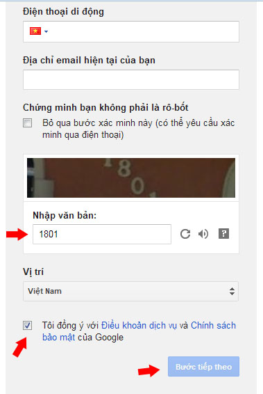 Góc Captra, tích vào nút đồng ý với điều khoản và chính sách của Gmail