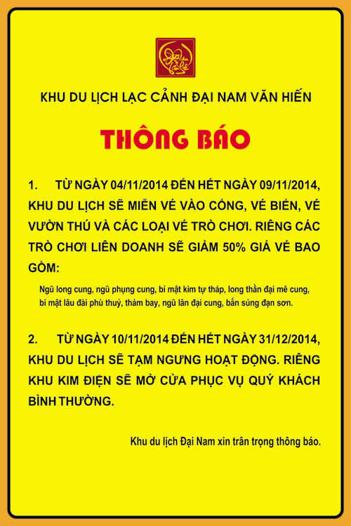 Thông báo đóng cửa khu du lich đại nam