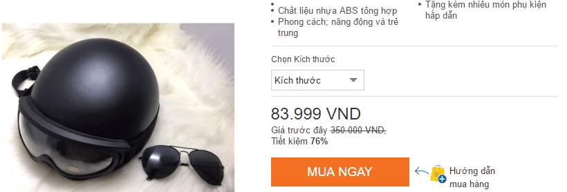 Giảm 76% khi mua mũ bảo hiểm 1/2 đen + kính phi công + kính chống tia uv trên Lazada