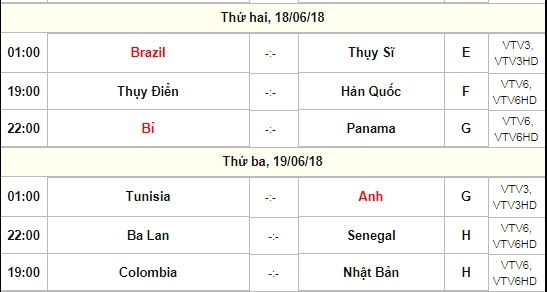 lịch phát sóng world cup 2018