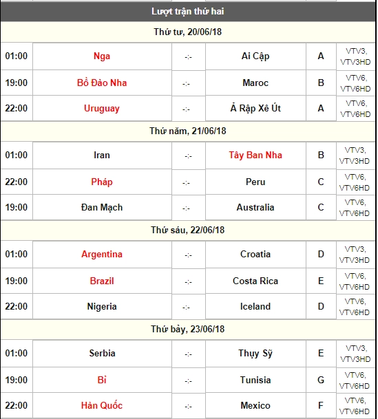 lịch phát sóng world cup 2018