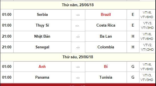 lịch phát sóng world cup 2018