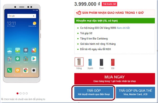 trả góp 0Đ Xiaomi Redmi Note 5