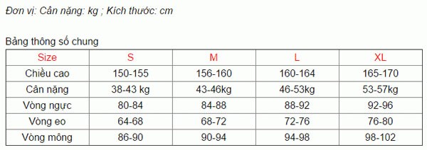 Size đồ dành cho nữ giới