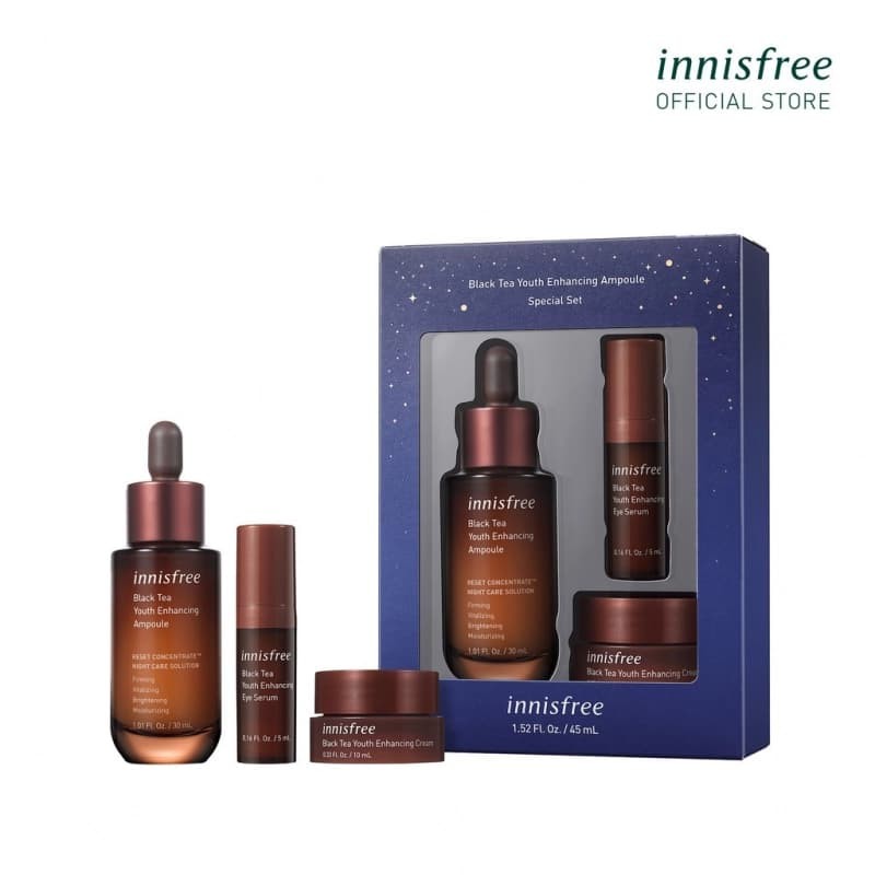 Bộ sản phẩm dưỡng da ban đêm ngăn ngừa lão hóa từ trà đen innisfree Black Tea Youth Enhancing Special Ampoule
