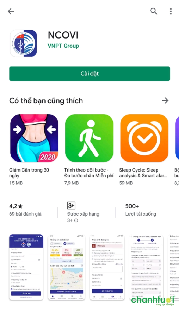 Mỗi ứng dụng sẽ có một giao diện khác nhau. Dưới đây là hình ảnh của ứng dụng Ncovi.