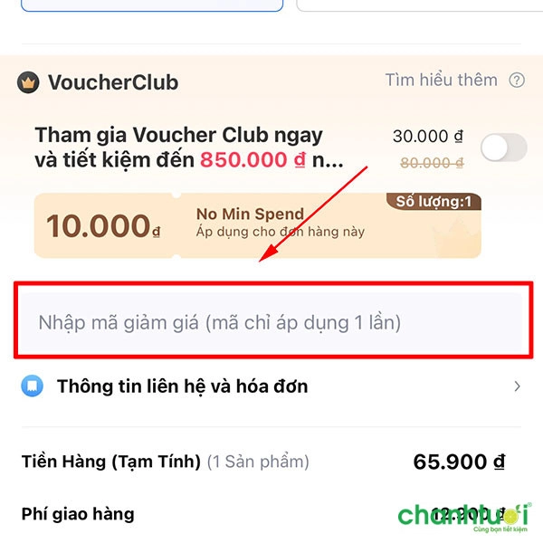 Nhập mã giảm giá dưới dạng ký tự vào ô trống