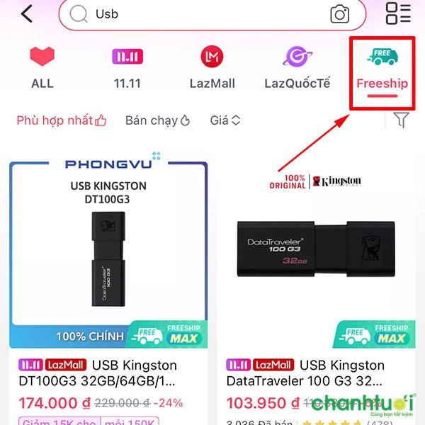Chọn vào phần bộ lọc Freeship bên góc trái