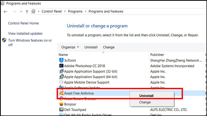 xoa-avast-free-antivirus chọn "Uninstall"