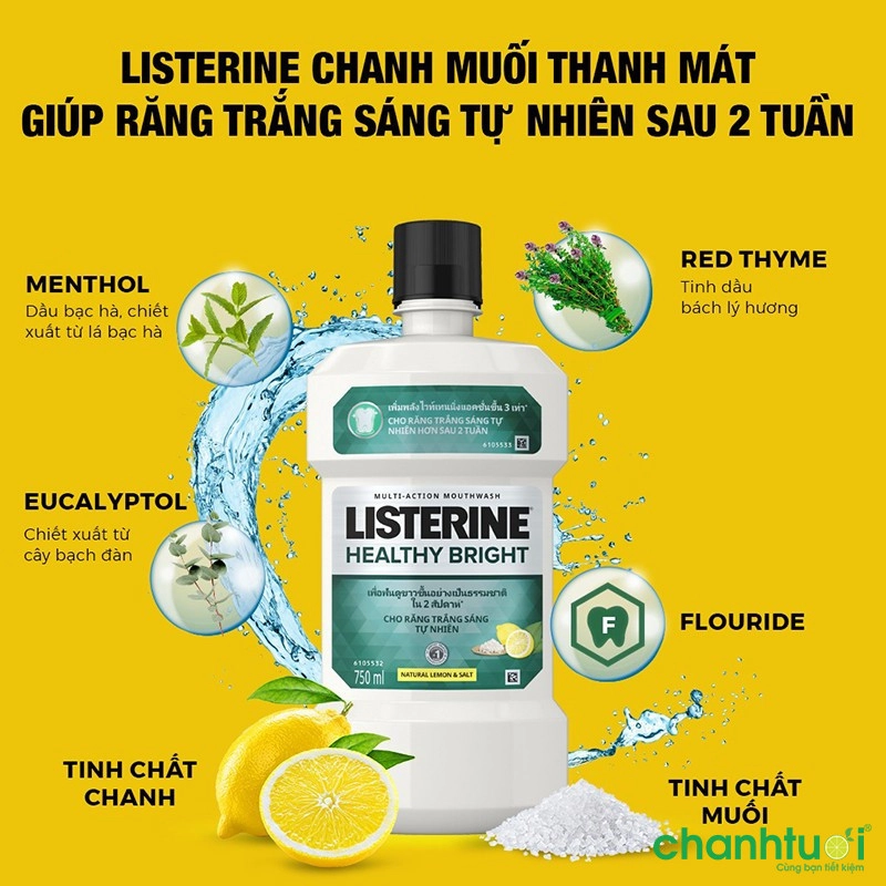 Bộ 2 chai Nước súc miệng làm trắng răng LISTERINE HEALTHY BRIGHT 750mlx2