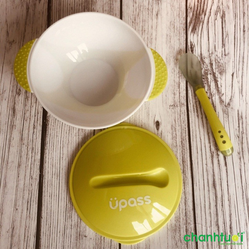 Bát ăn dặm có nắp kèm thìa báo nóng Upass