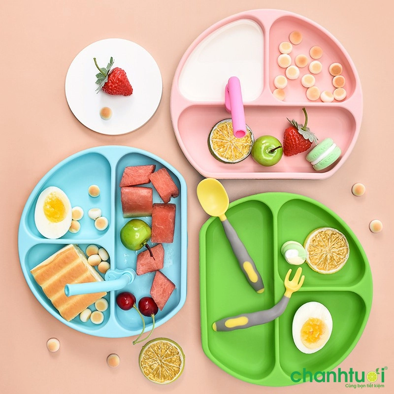 Khay ăn dặm silicone 3 ngăn có đế hút chống dính Kean