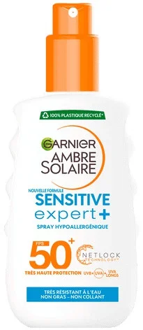 Xịt Garnier Ambre Solaire New Formula Sensitive Expert+ Hypoallergenic Spray SPF 50+ With Netlock Technology