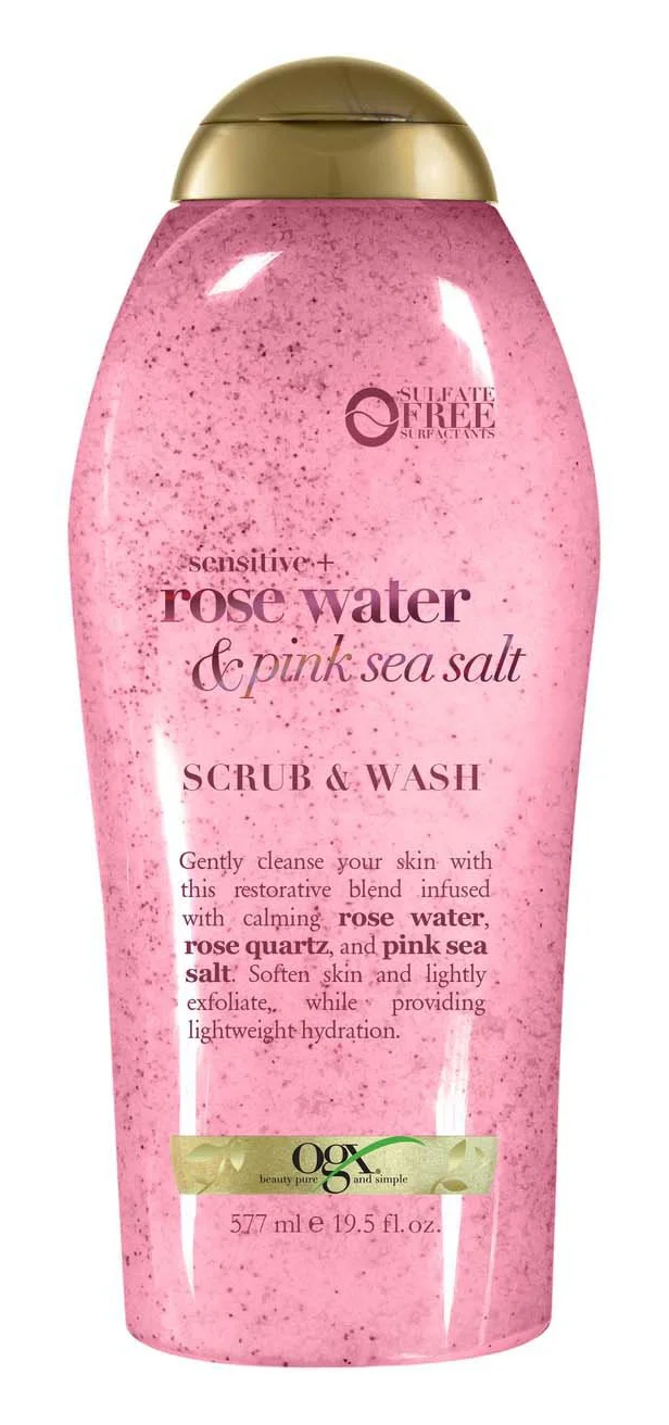 Tẩy da chết OGX Beauty Sensitive + Rose Water & Pink Sea Salt Scrub & Wash