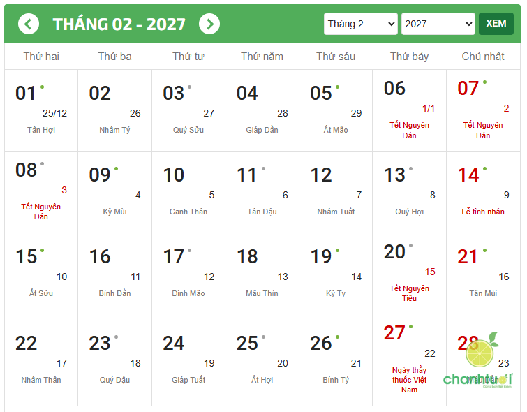 Chi tiết lịch tết 2027