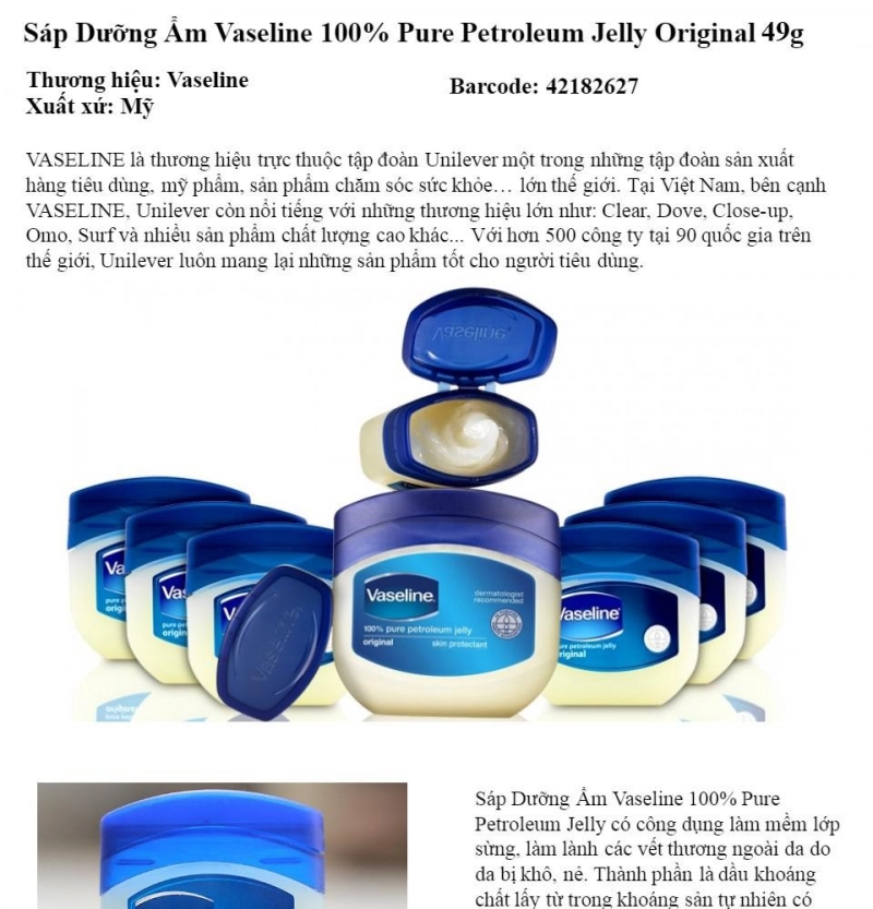 Kem dưỡng toàn thân Vaseline Original 100% Pure Petroleum Jelly