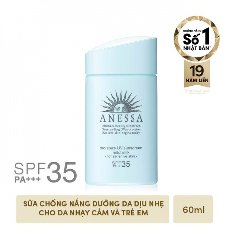 Sữa Chống Nắng Anessa Cho Da Nhạy Cảm & Trẻ Em SPF35 60ml Moisture UV Sunscreen Mild Milk (For Sensitive Skin) SPF35/PA+++